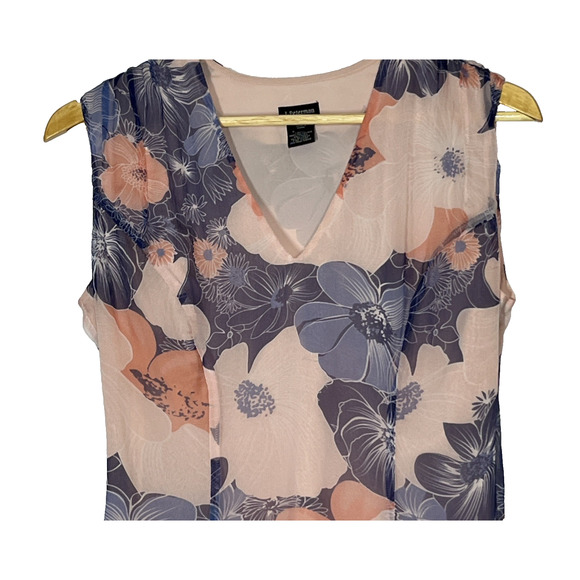 J Peterman Silk Midi Dress 4 Pink Blue Floral Sleeveless V Neck Chiffon Flowy - Picture 3 of 14